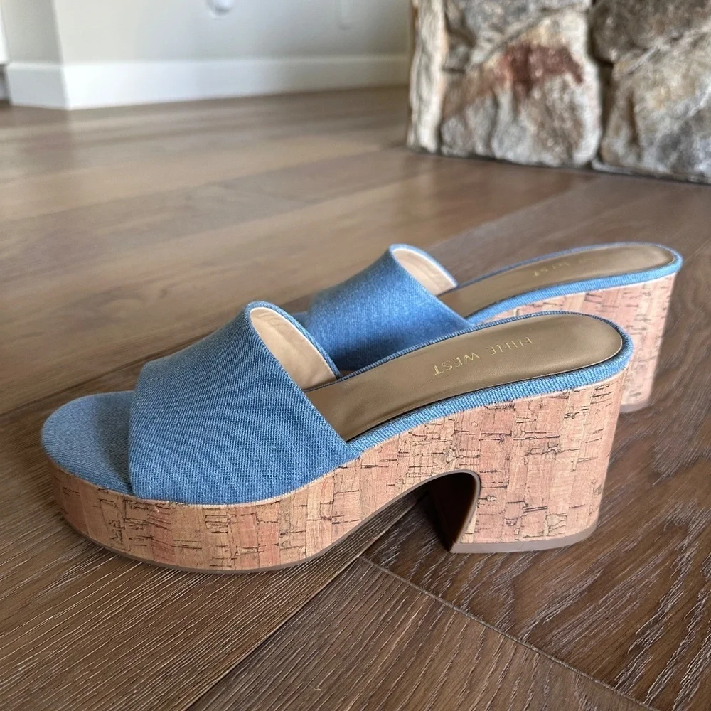 NINE WEST Barata Platform Cork Slide Sandal Denim Blue Size 9